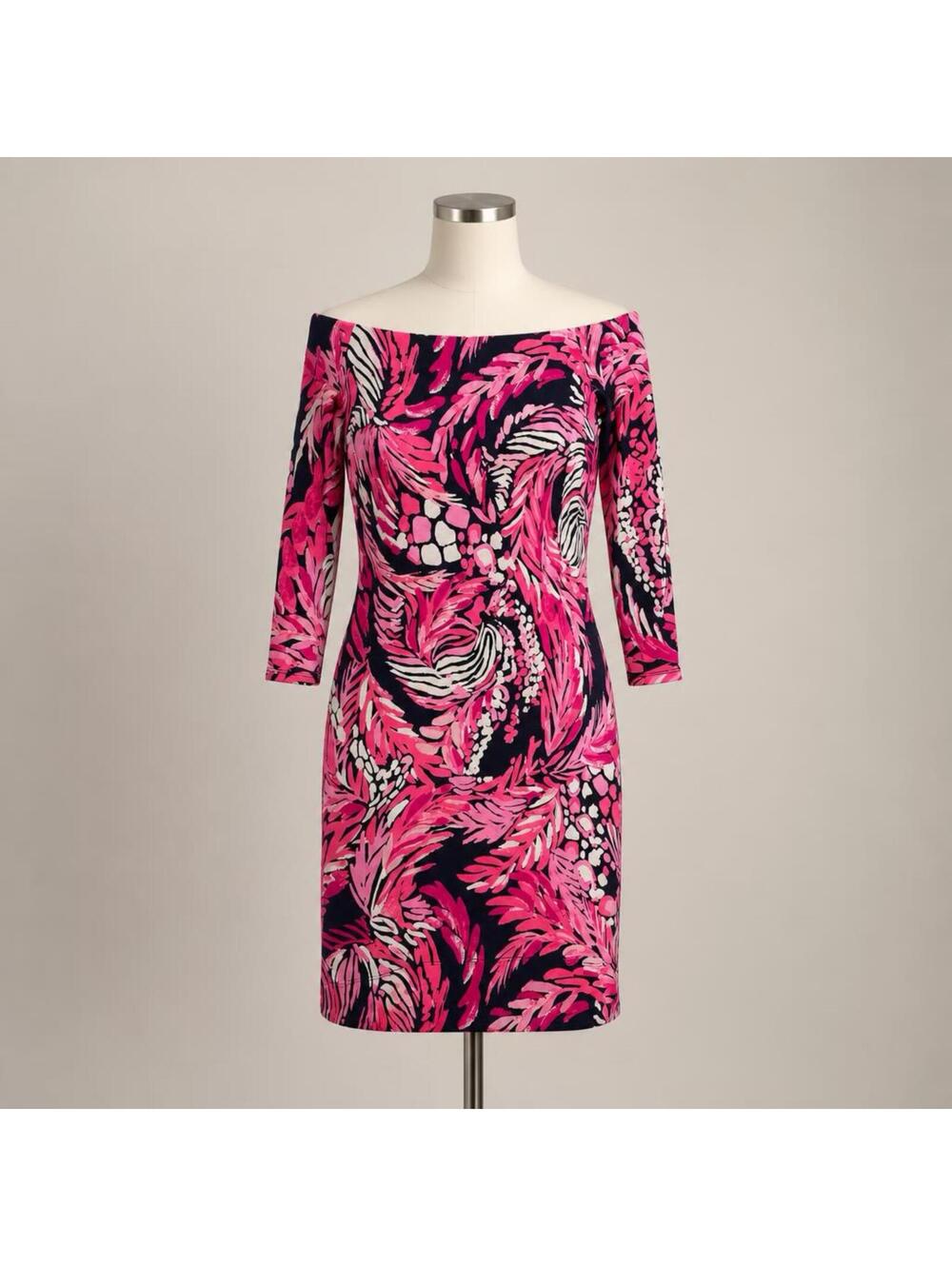 Lilly Pulitzer Off-Shoulder Pink and Navy Patterned Dress XXS
